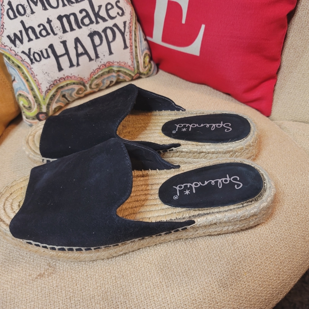Splendid Black Suede Leather Slip On Espadrilles Slides Flats Black